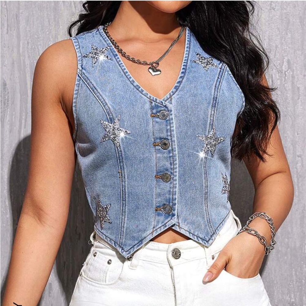 SHEIN SXY Denim Star Embellished Vest